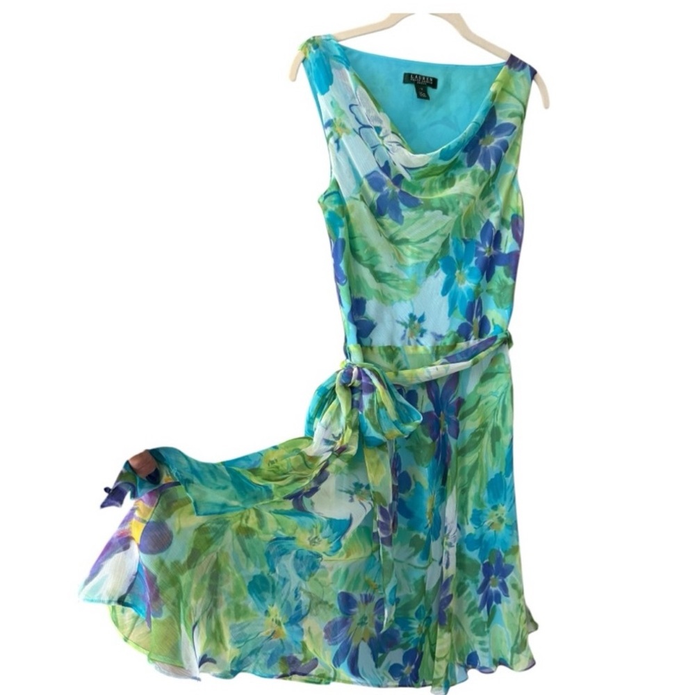 Lauren Ralph Lauren Chiffon Floral Dress Blue Green Size 10 Party Summer